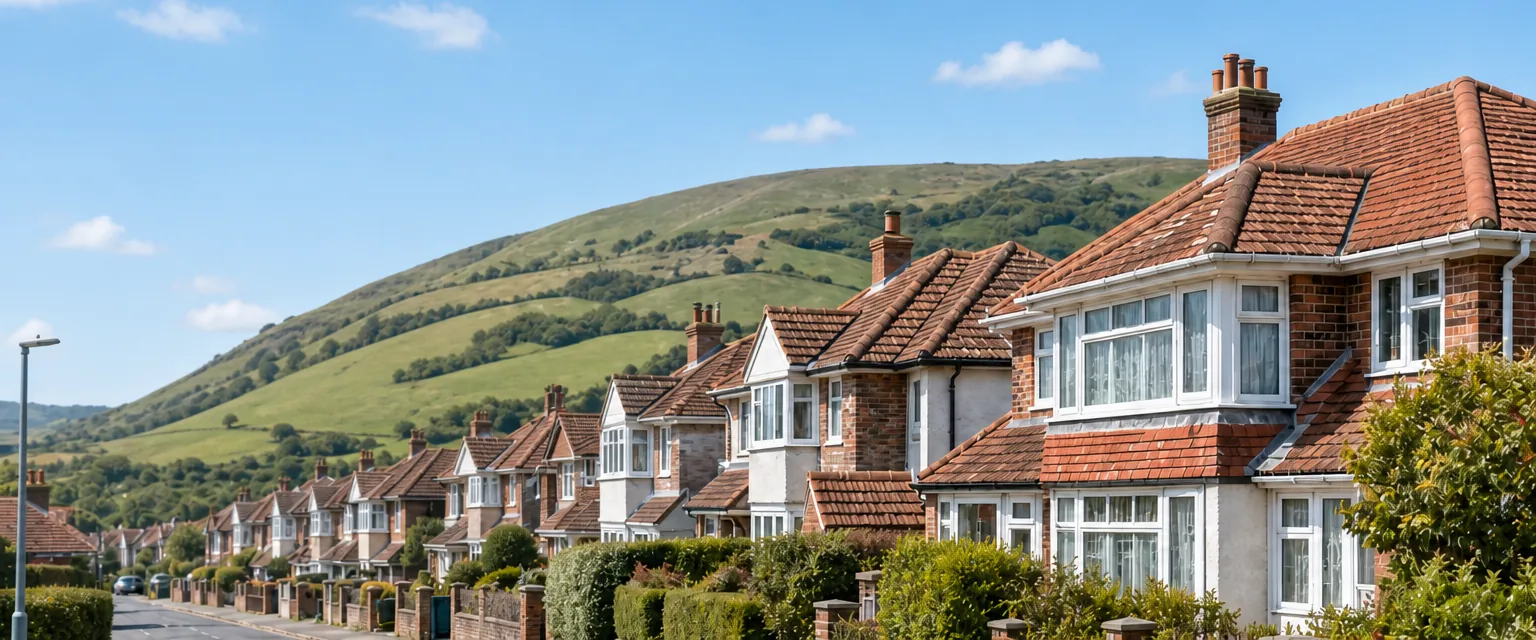Street of 1930s semi-detached houses with clay-tiled roofs below the Downs