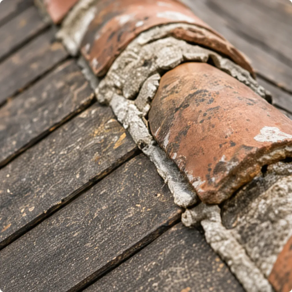 Cracked mortar bedding under a clay ridge tile
