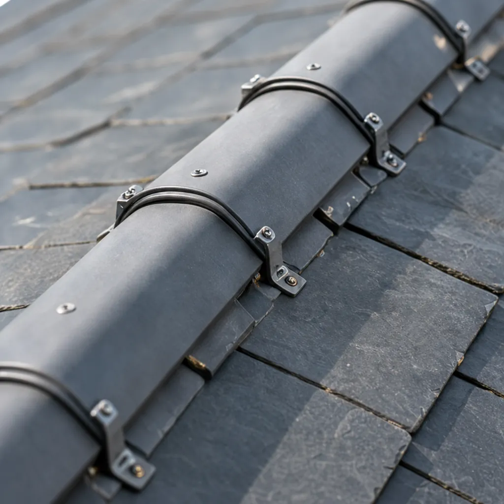 New dry-fixed ridge with mechanical clips on a slate roof