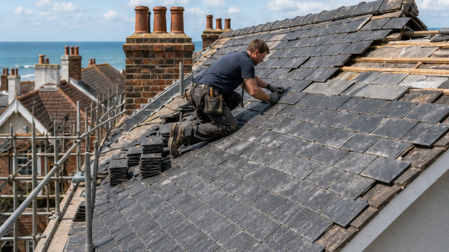 Roofer re-slating a terrace roof from the scaffold, chimney stacks behind