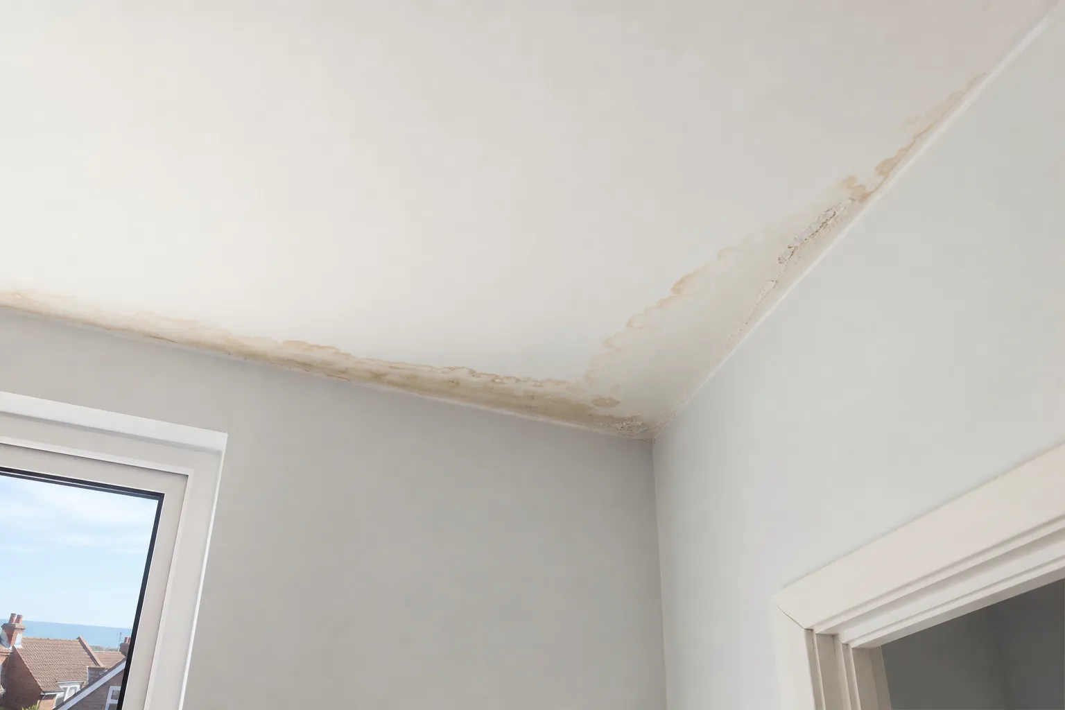 Brown water stain spreading in the corner of a ceiling below the roof