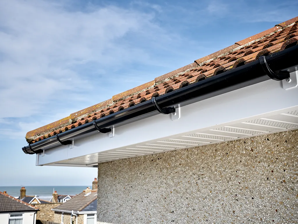 Bungalow eaves with new white fascia boards, vented soffits and a black gutter
