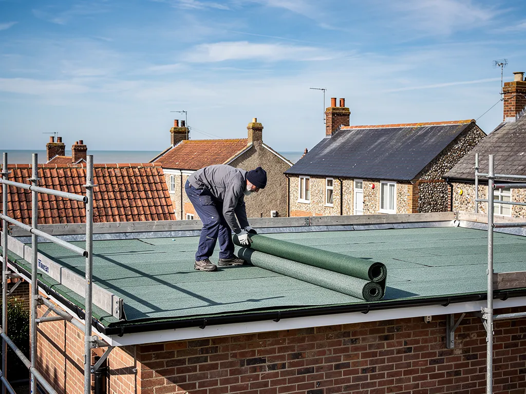 Roofer laying a new mineral felt cap sheet on a flat roof