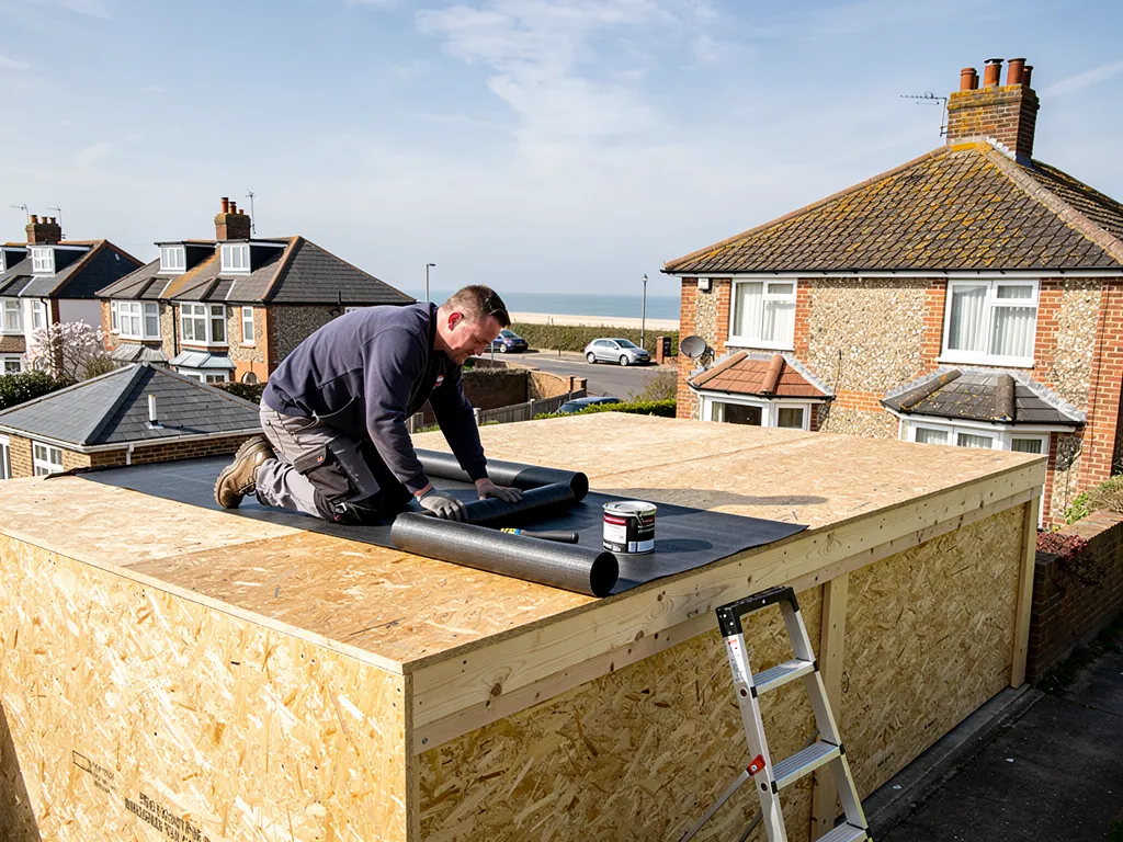 Roofer rolling out a new rubber membrane over fresh boards on a garage roof