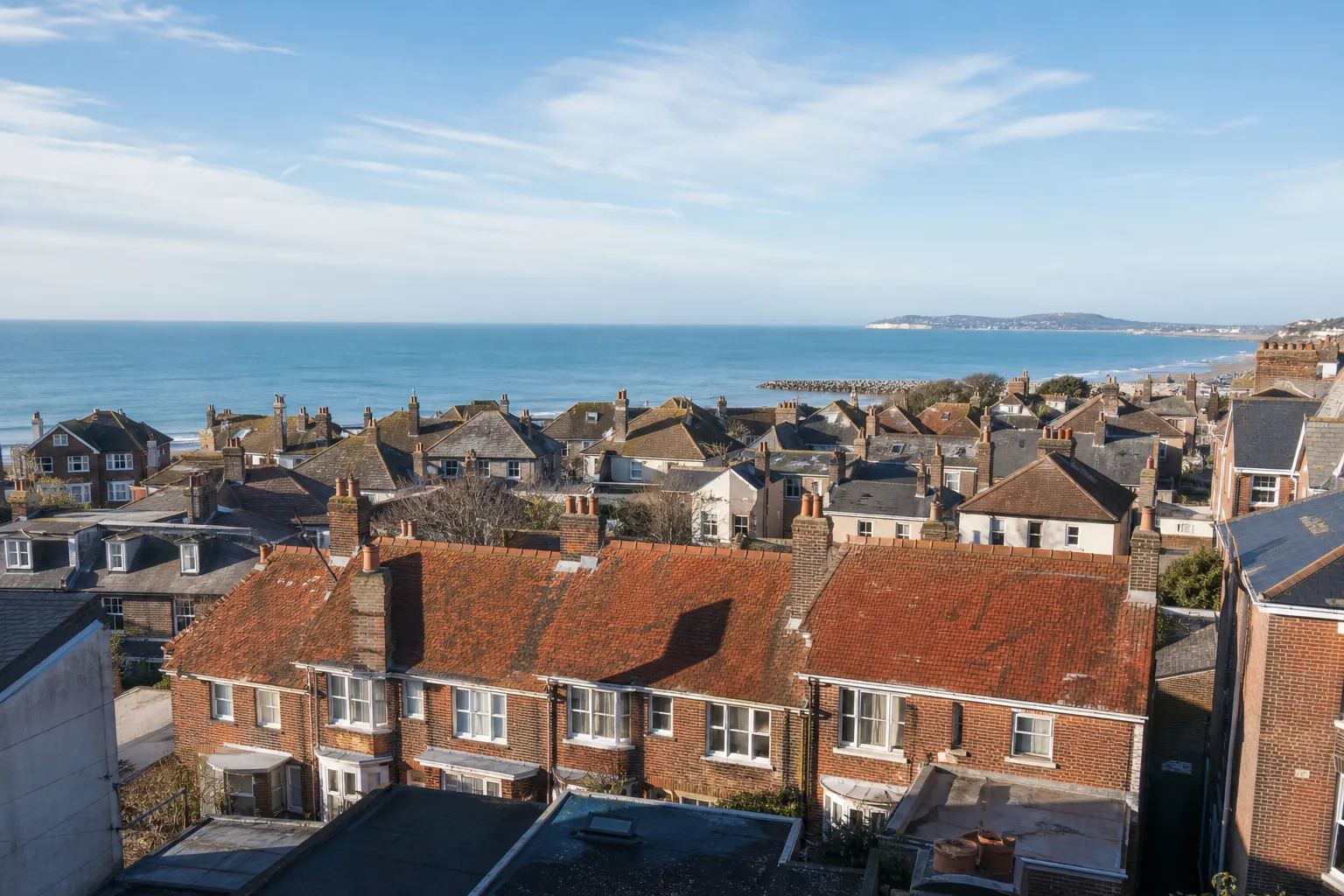 Sunlit clay and slate roofs of Worthing houses running down to the sea