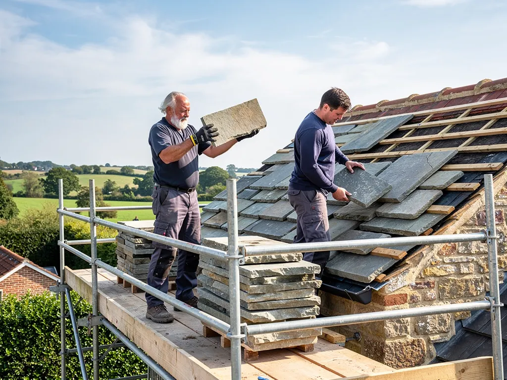 Two roofers on a scaffold relaying reclaimed Horsham stone slabs on a cottage roof