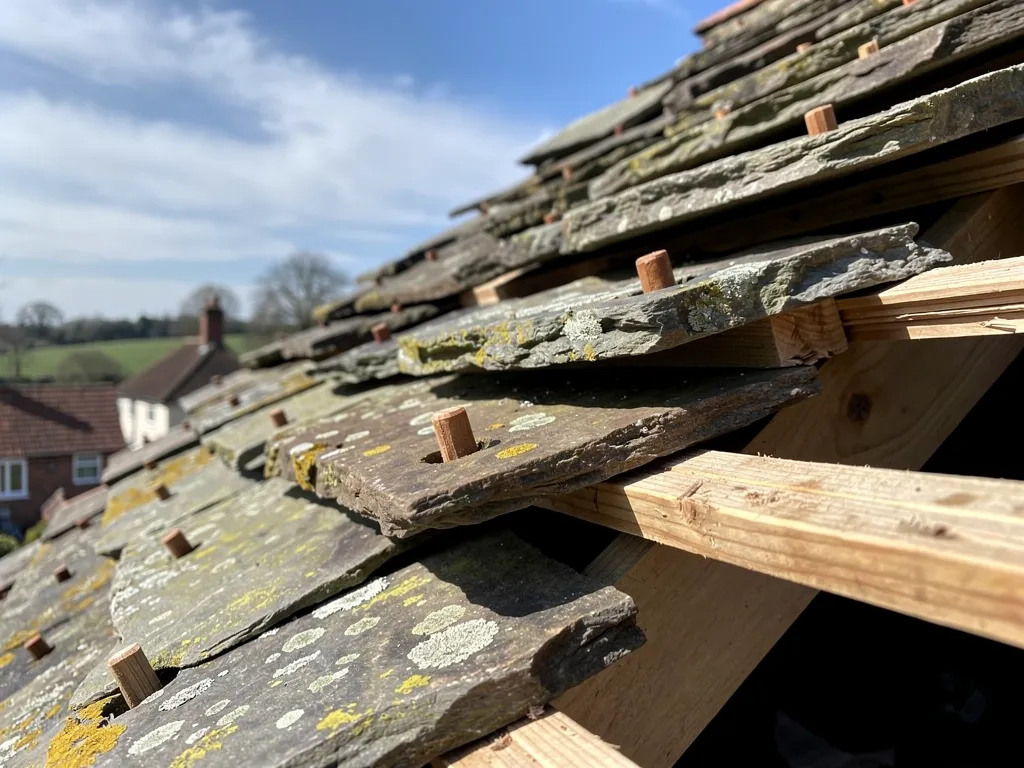 Close-up of Horsham stone slab edges with the oak pegs that hang them on the battens