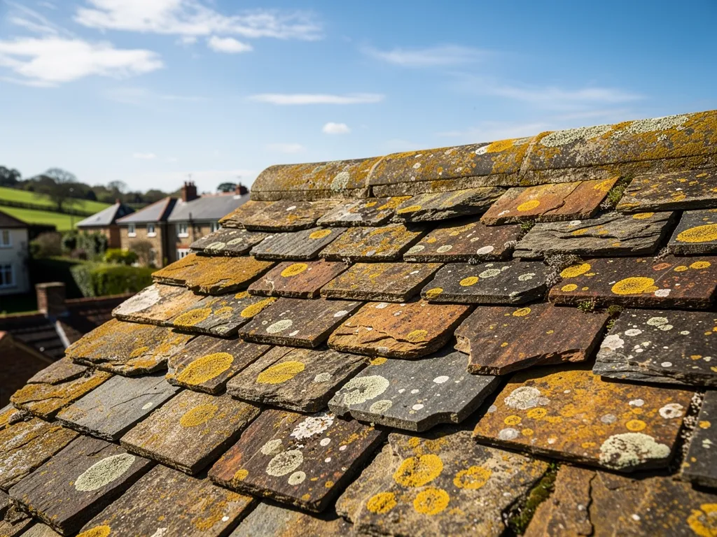 Close view of an old Horsham stone roof, thick sandstone slabs in diminishing courses with lichen