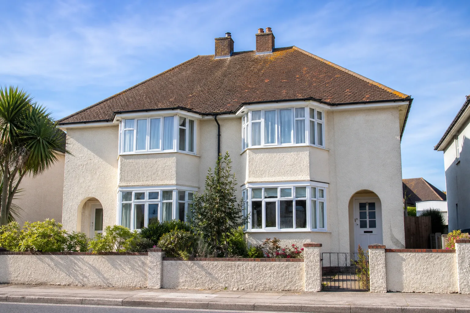 A 1930s hipped semi with bay windows, pebbledash and a clay tile roof