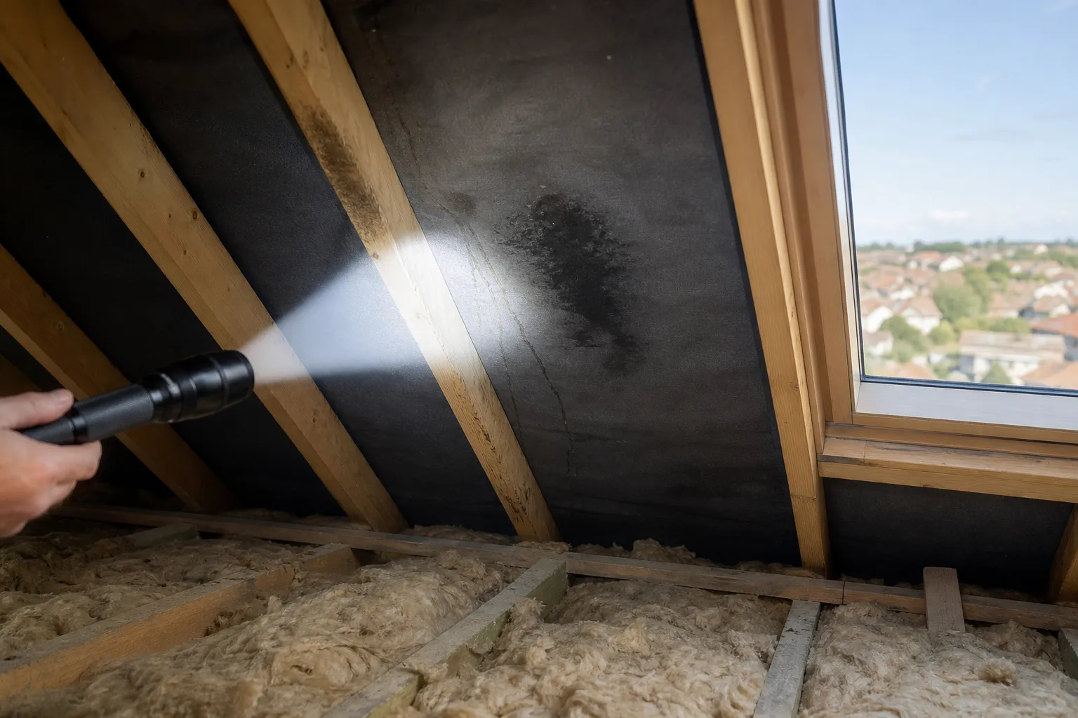 Torch beam on a wet patch of underlay and rafter in a loft, tracing a leak