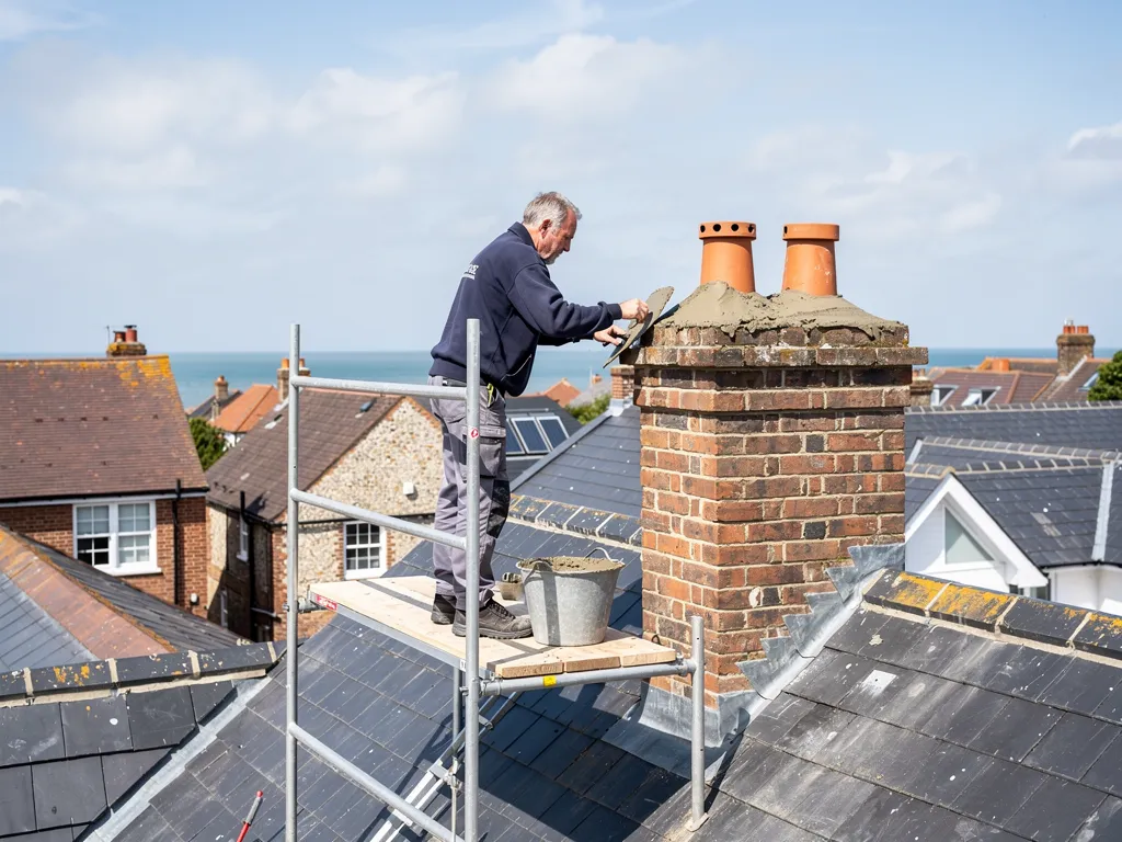 Roofer forming new mortar flaunching around chimney pots