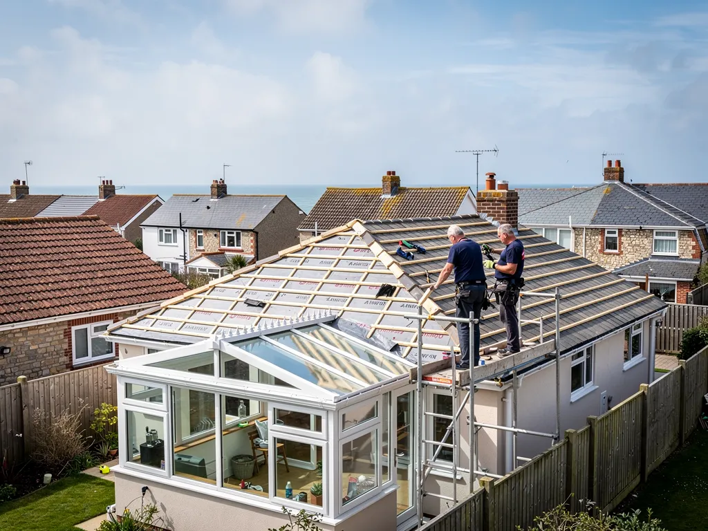 Roofers fitting a solid tiled roof onto a bungalow conservatory