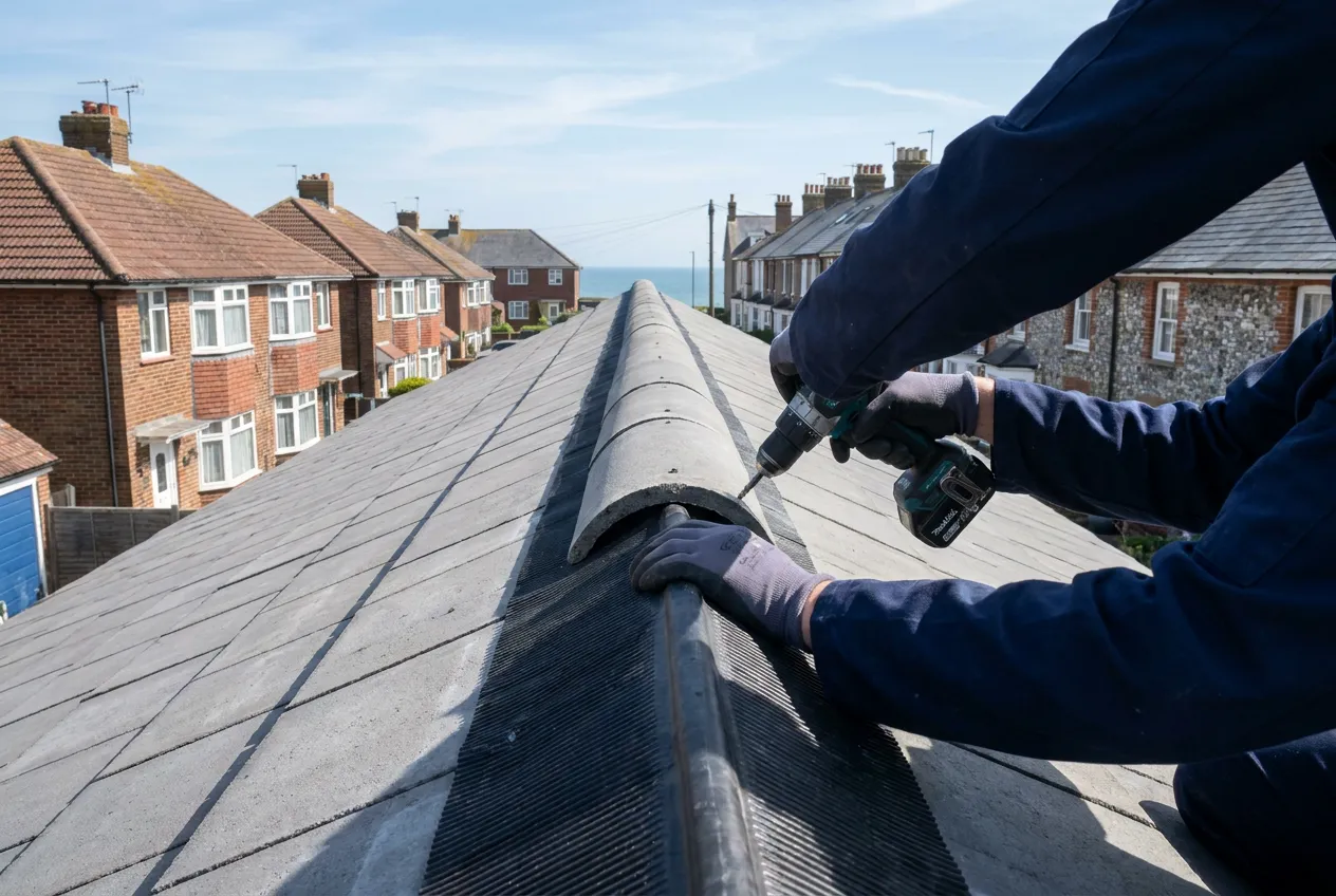 Two roofers fitting a dry ridge along a bungalow roof