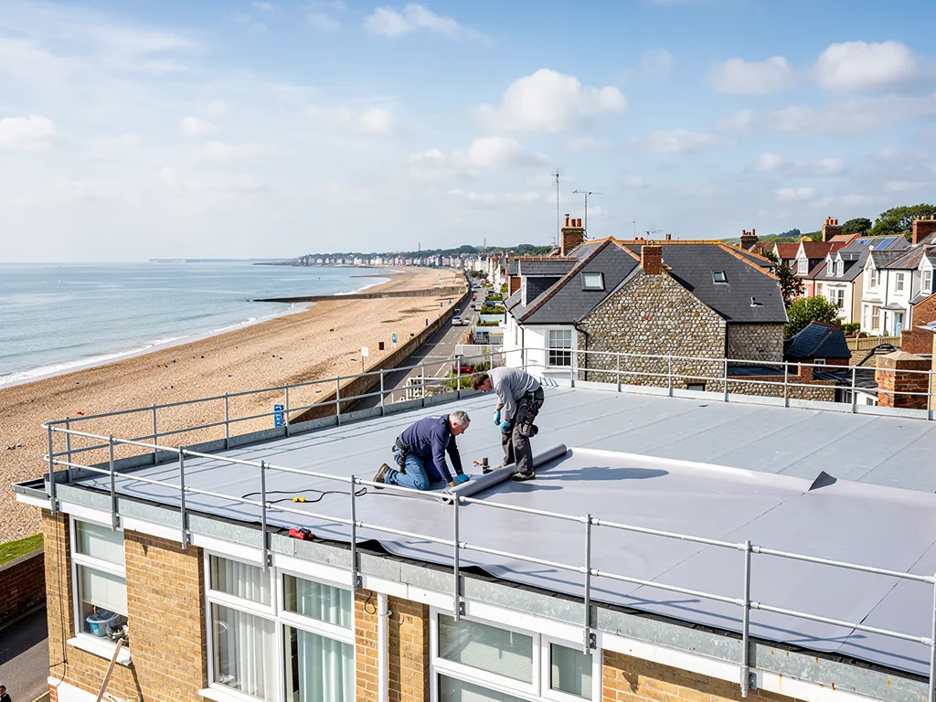 Roofers laying a single-ply membrane on a seafront flat roof