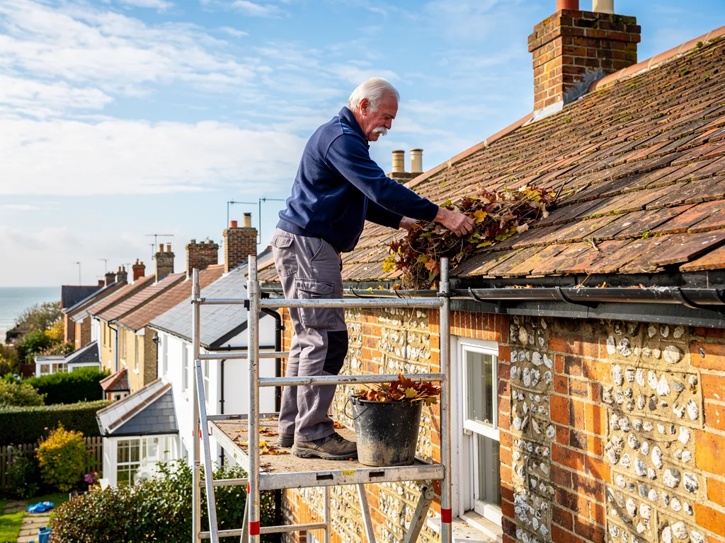 Roofer clearing a gutter from a scaffold tower in autumn