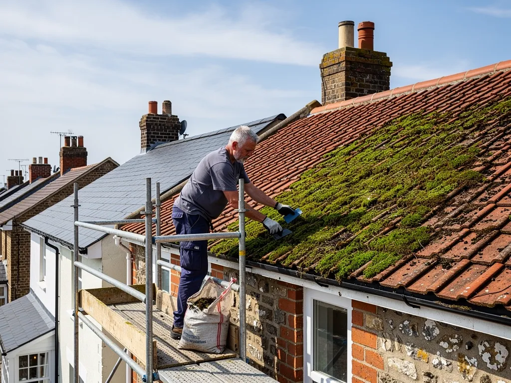 Roofer on a scaffold scraping moss off clay tiles with a hand scraper