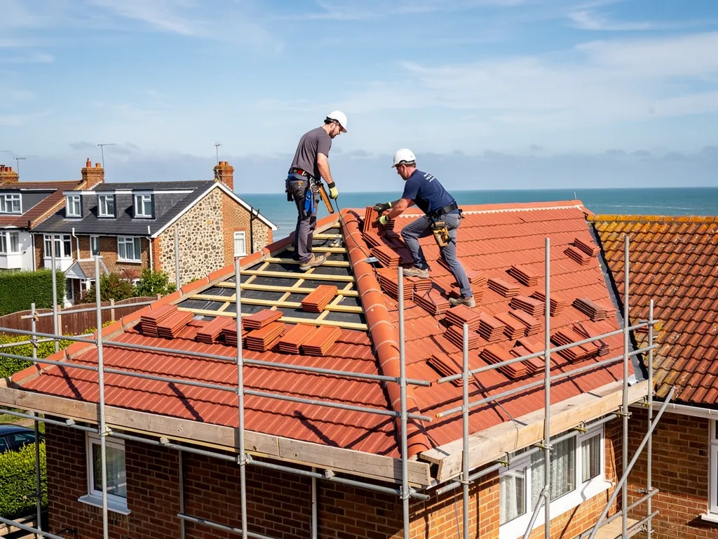 Roofers re-tiling a 1930s semi in clay plain tiles from a full scaffold