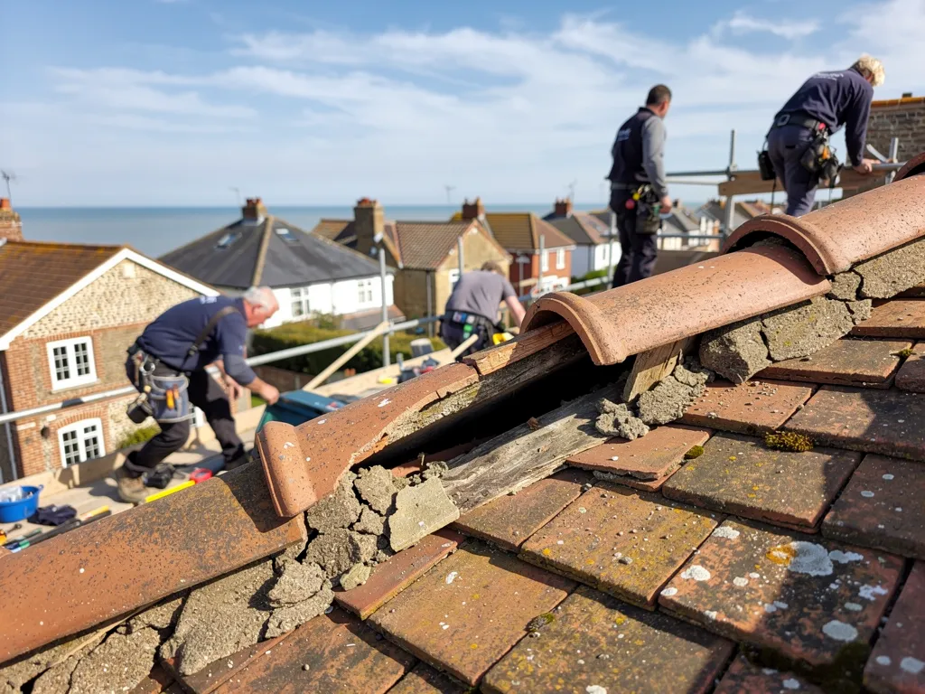 Cracked and crumbling mortar bedding under clay ridge tiles, seen close up