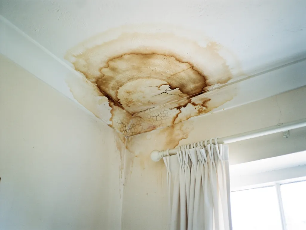 Brown water stain spreading across a white bedroom ceiling near the window