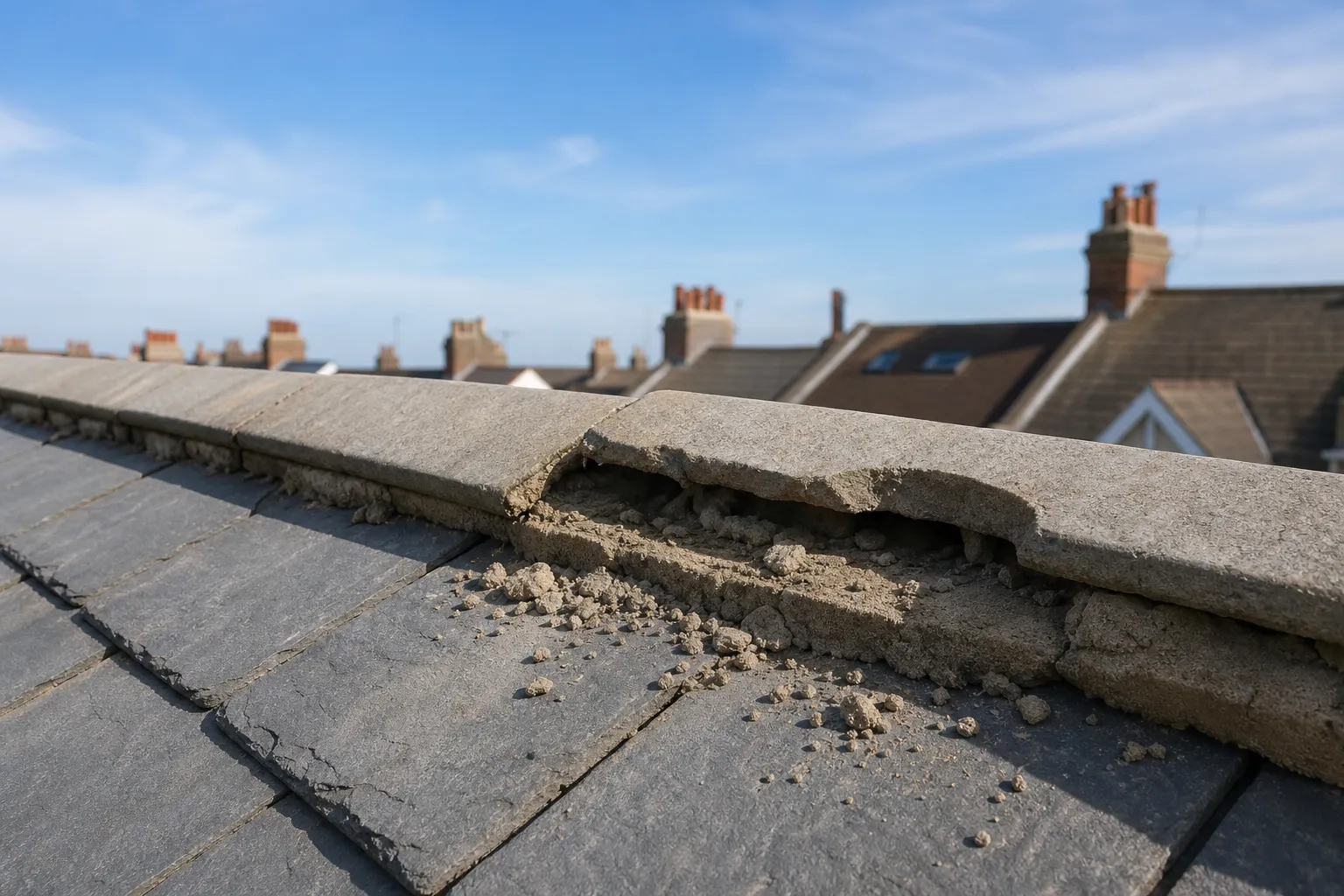 Cracked mortar under a ridge tile on a slate roof, the ridge working loose