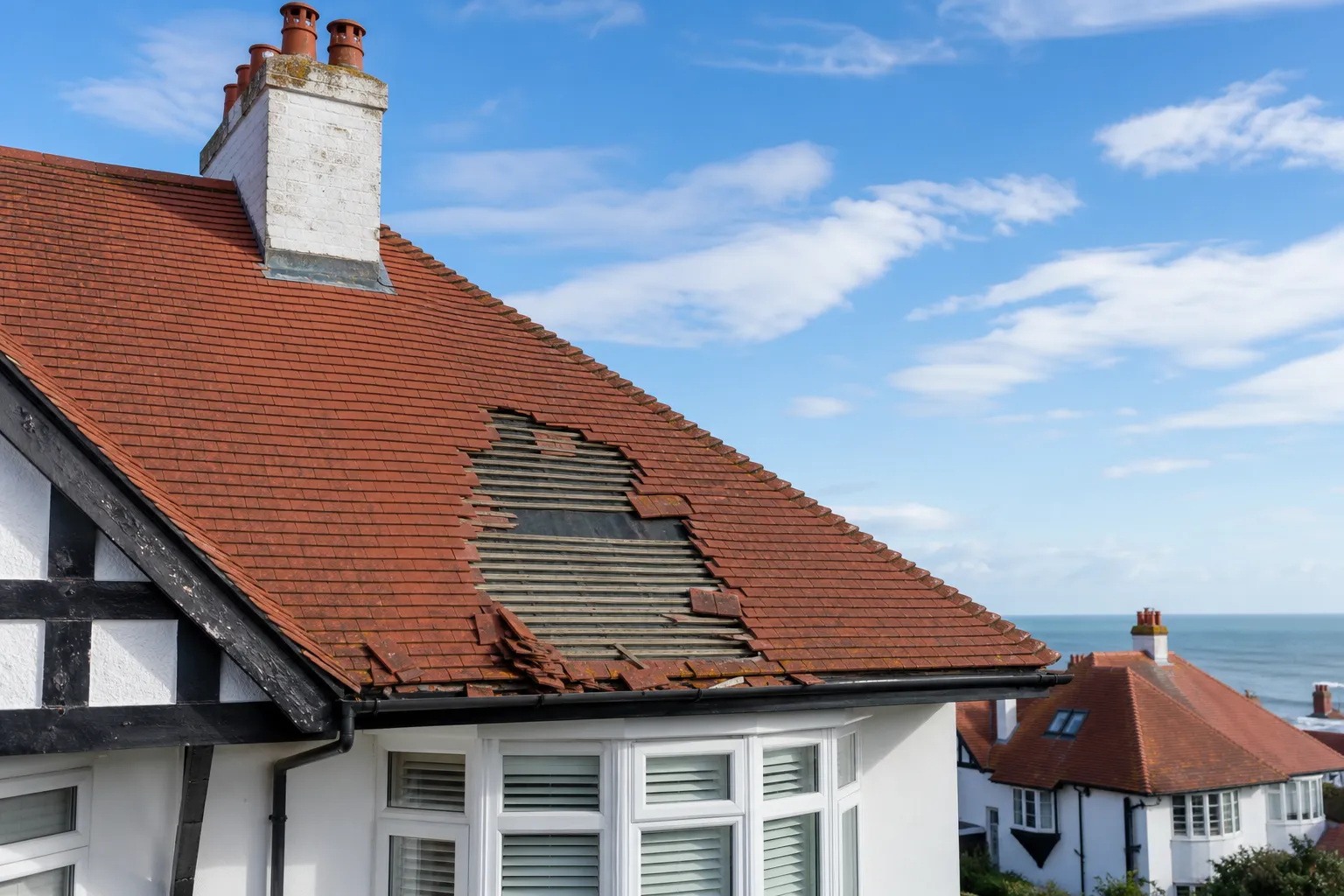 Clay-tiled roof with a patch of tiles blown off by a gale, under a bright broken-cloud sky